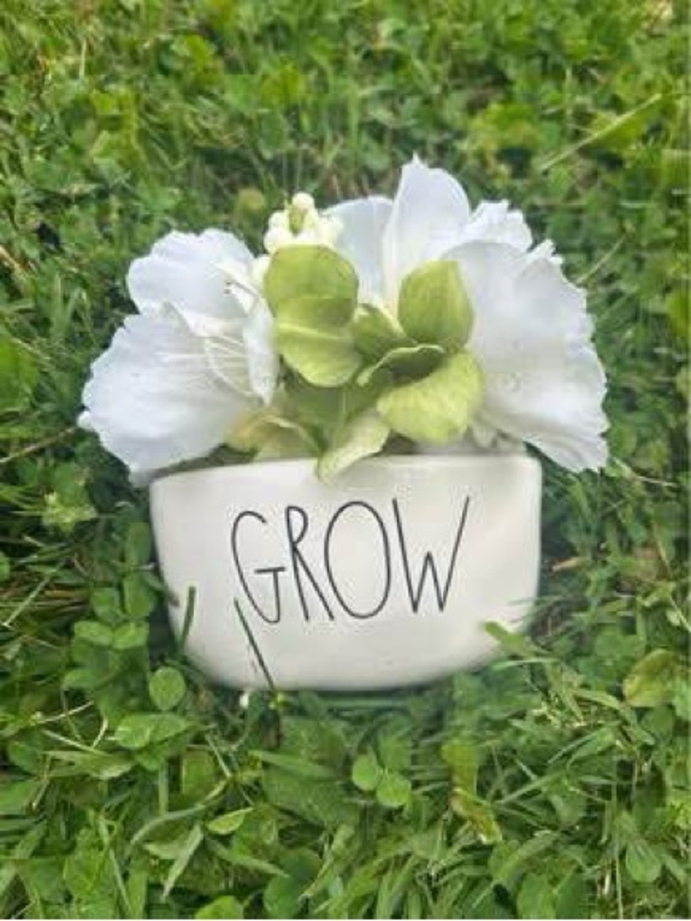 White Rae Dunn ‘Grow' Ceramic Planter with Pier One Floral Accent